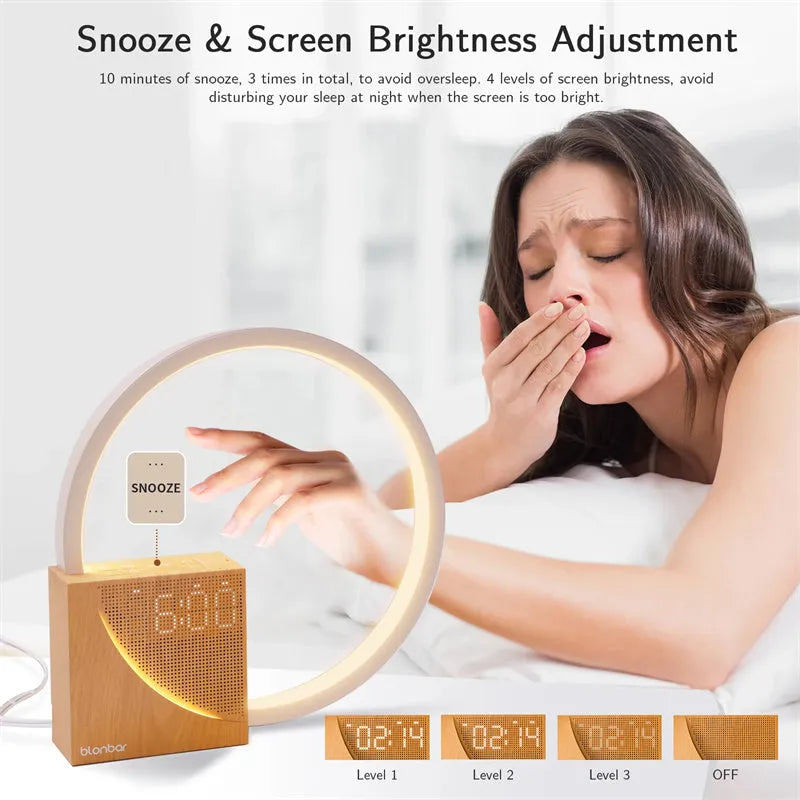 Navy blue wooden finish touch control bedside lamp with digital alarm clock display