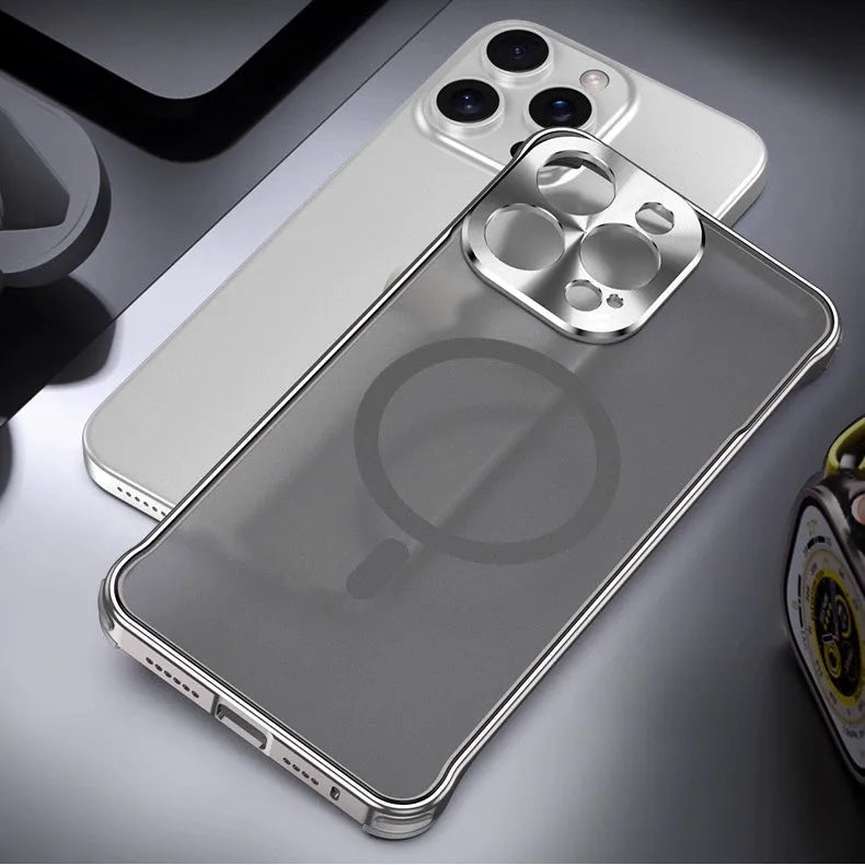 Black matte magnetic suction ultra-thin phone case for iPhone with metal frame and PC backboard