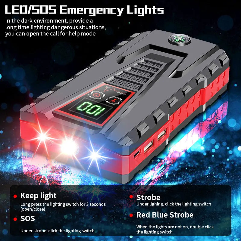 Black emergency car jump starter in toolbox style with battery clamp on side