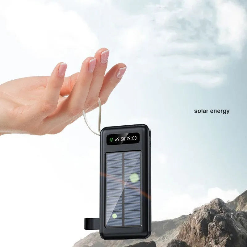 Cool black solar power bank showing its solar panel and output ports on a compact rectangular body.
