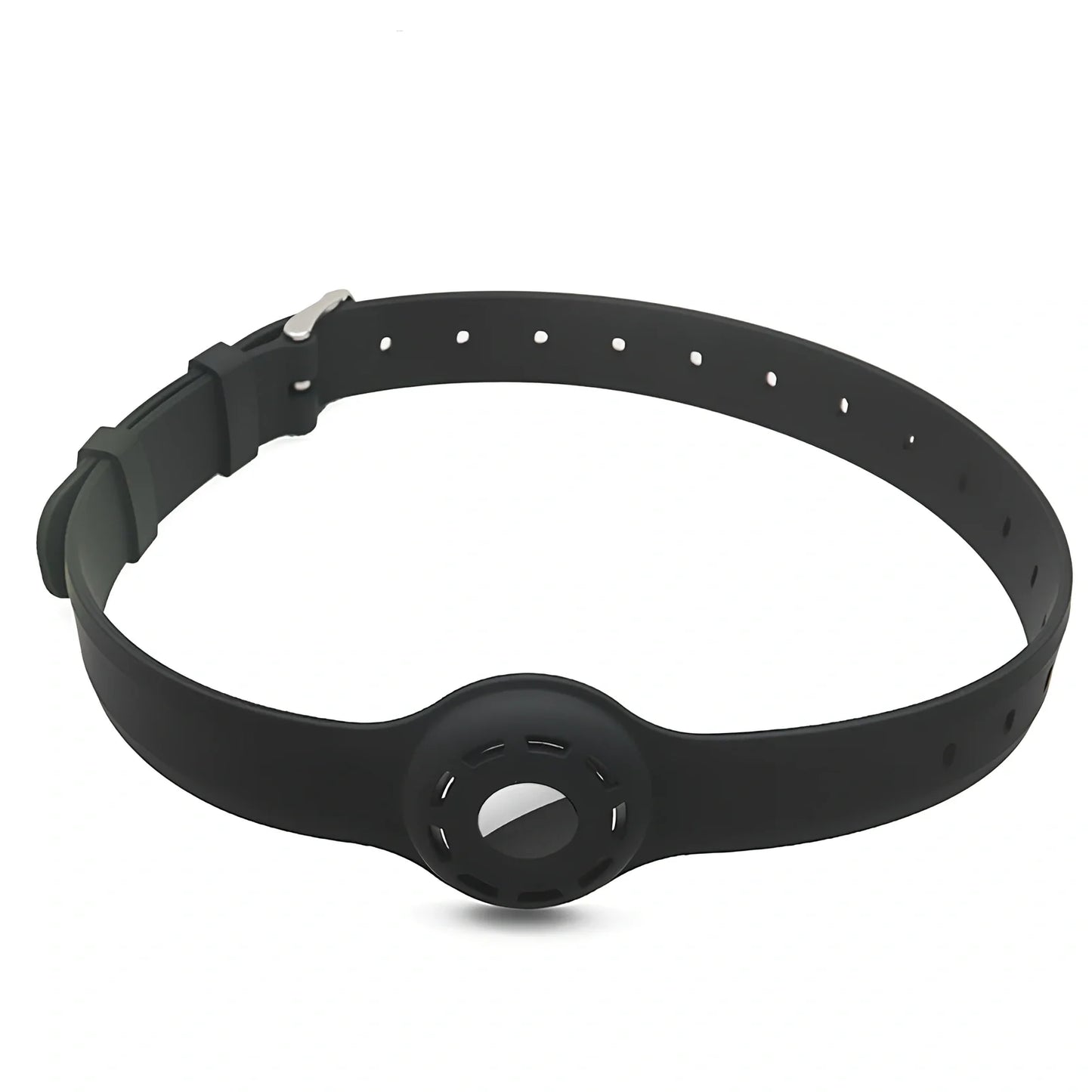 Red silicone AirTag tracker collar wrapped on pet neck, adjustable armband in solid colour for anti-lost security