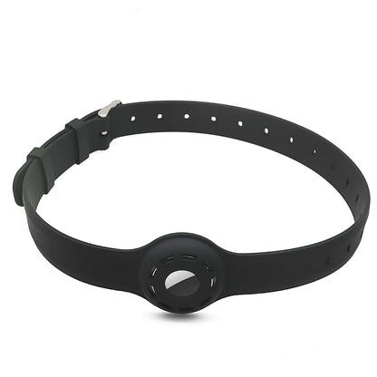 Red silicone AirTag tracker collar wrapped on pet neck, adjustable armband in solid colour for anti-lost security