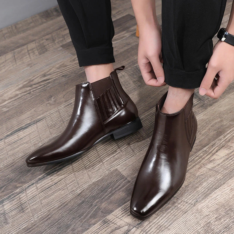 Sophisticated pointed-toe Chelsea boots with square heels, crafted from premium artificial leather for modern gentlemen's fashion