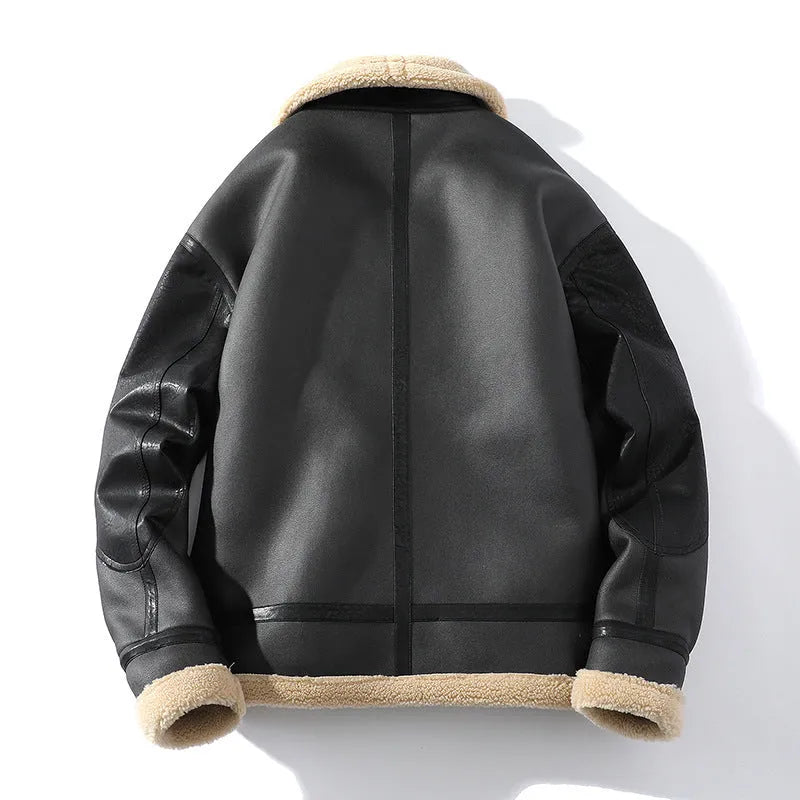 Men's winter fleece-lined short sheepskin PU leather coat in black, retro style, sizes M to 5XL