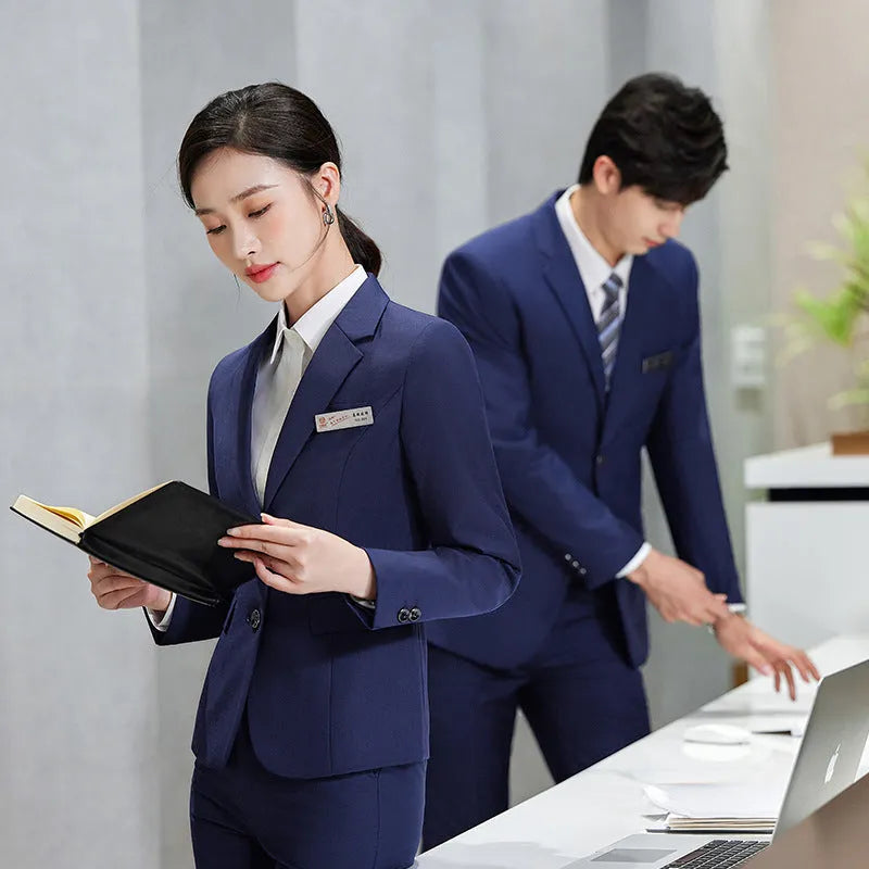 Men's and women's polyester work suit with long-sleeve jacket and trousers or skirt in black colour option