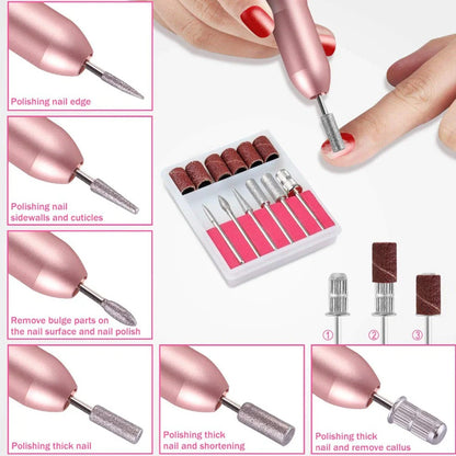 Pink USB-charging electric nail drill machine with 6 grinding heads and power cord