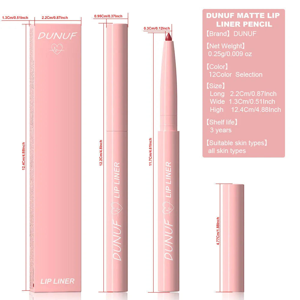 Matte velvet finish lip liner pencil shown in 12 colour options from No.01 to No.12