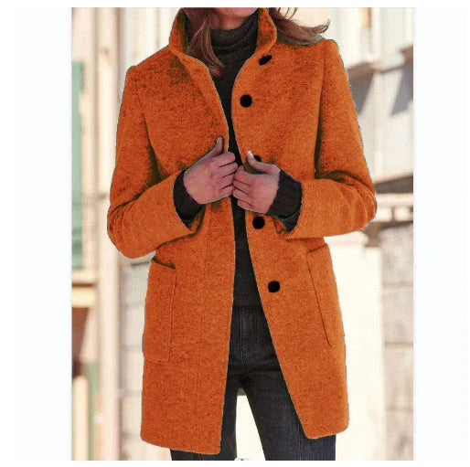 Stylish wool coat with stand collar and pockets, available in various colors for casual fall and winter wear.