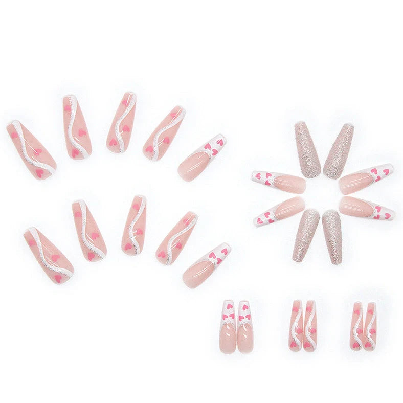 W097 shiny love pattern false nails in long ballet style with adhesive tube, 24-piece set