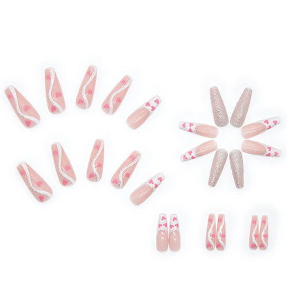 W097 shiny love pattern false nails in long ballet style with adhesive tube, 24-piece set