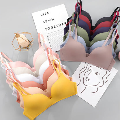 White breathable gather bra with detachable straps, 3/4 cup, seamless one-piece design for women