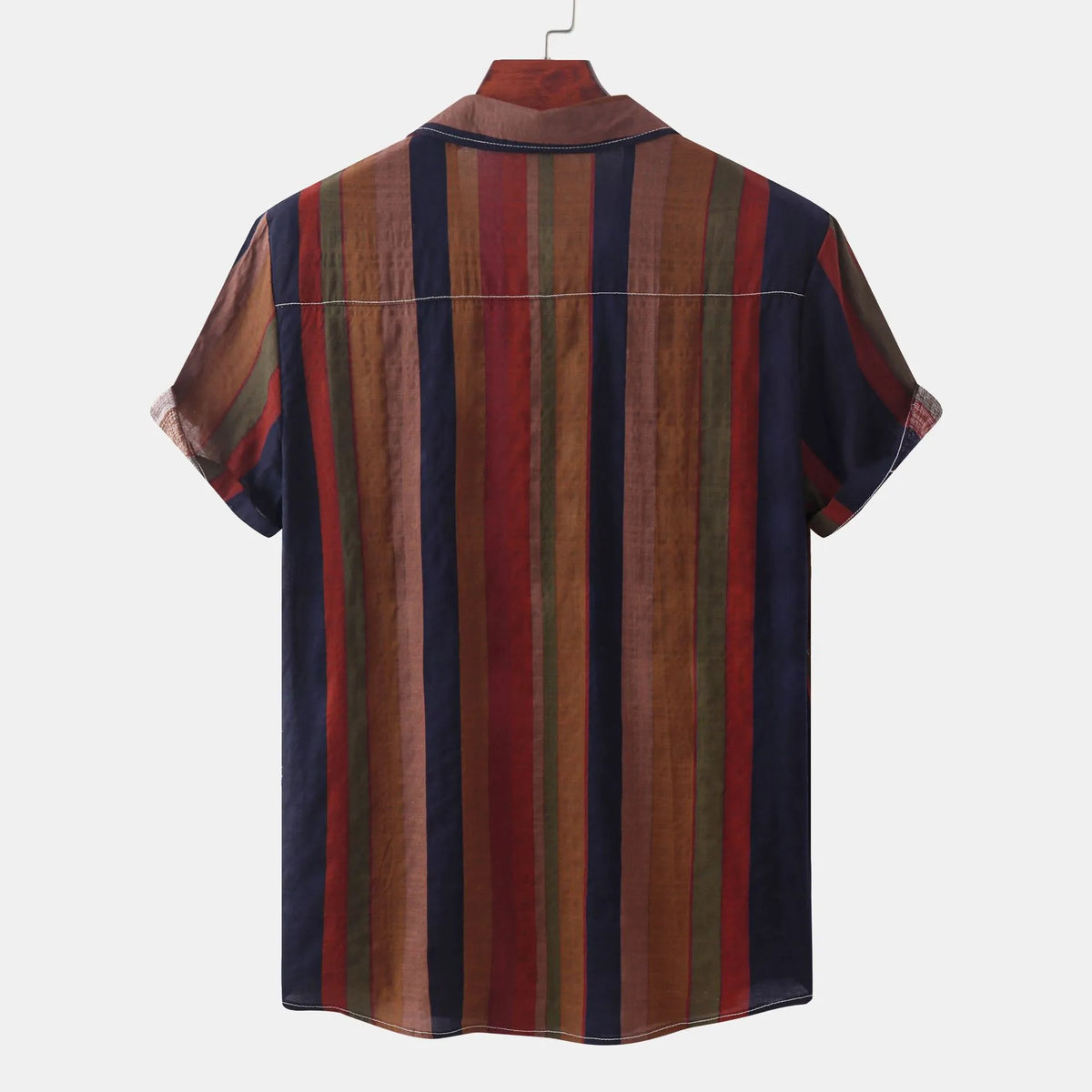 Men's cotton retro casual shirt with colour block pattern, loose fit, short sleeves, and lapel collar