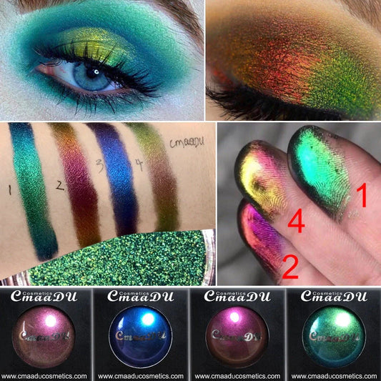 Chameleon Light Change Eyeshadow Palette showing colour transformations under different lighting conditions