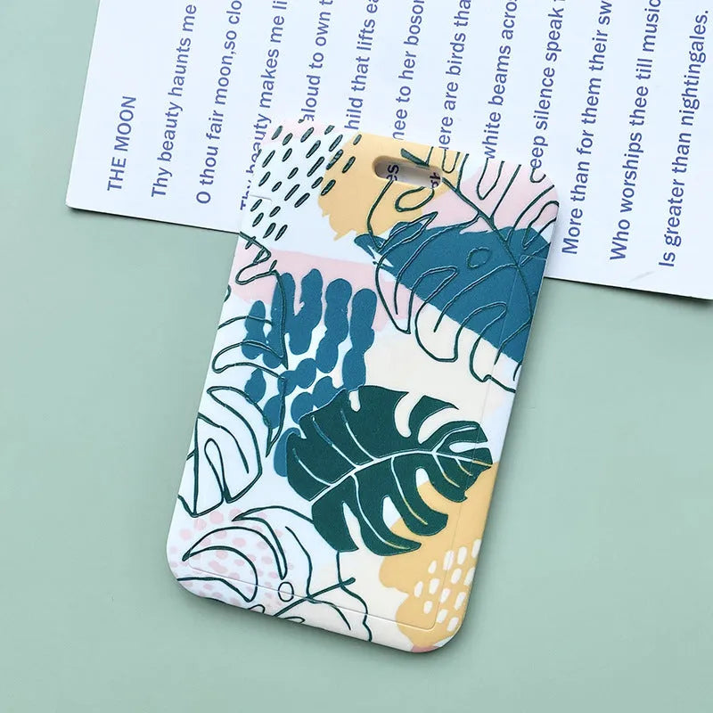 Plastic card cover with green plant diamond grid long lanyard and Monstera deliciosa motif on modern simple background