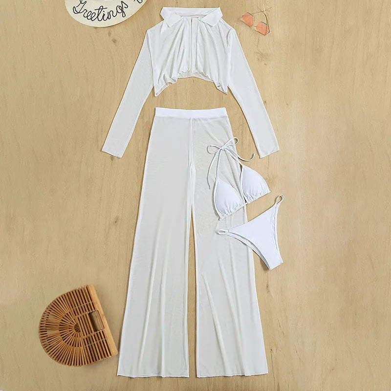 White women's 4-piece swimsuit set with high-waisted trousers and backless top