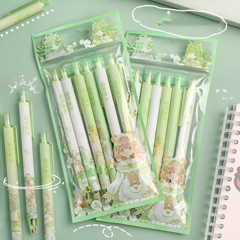 Set of six 0.5mm neutral pens with plastic cases and stainless steel nibs in matcha party and other patterns