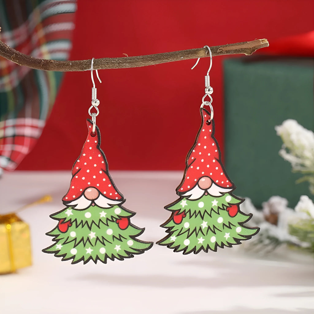 Wooden Christmas earrings with printed geometric tree and snowman designs