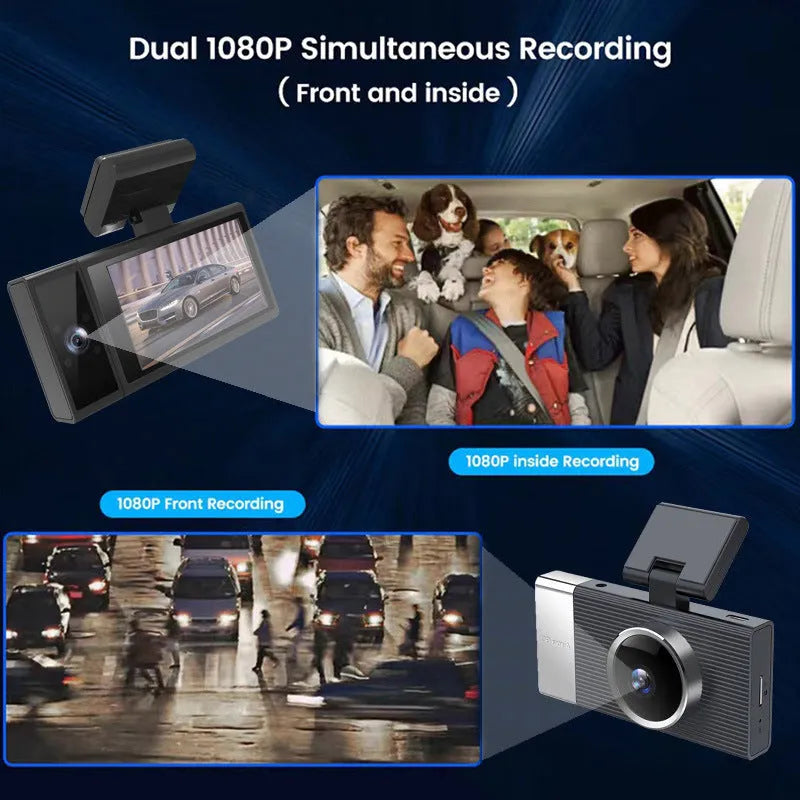 Wi-Fi connected three-lens driving recorder with 3-inch screen on a car dashboard.