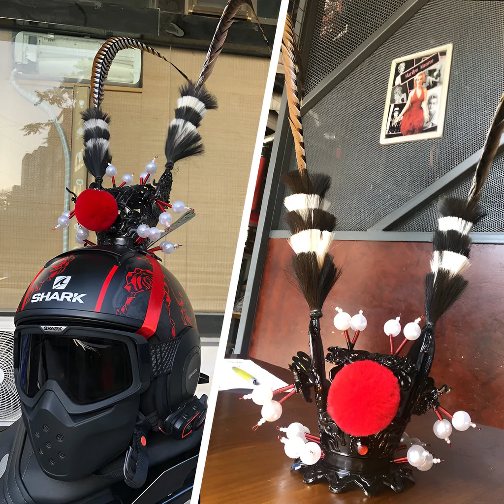 Black crown ornament with a long feather for decorating a motorcycle helmet.