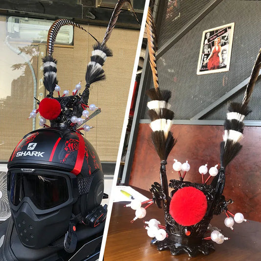Zijin crown feather motorcycle helmet decoration with adjustable 60cm to 1.1m plumes and gold crown design