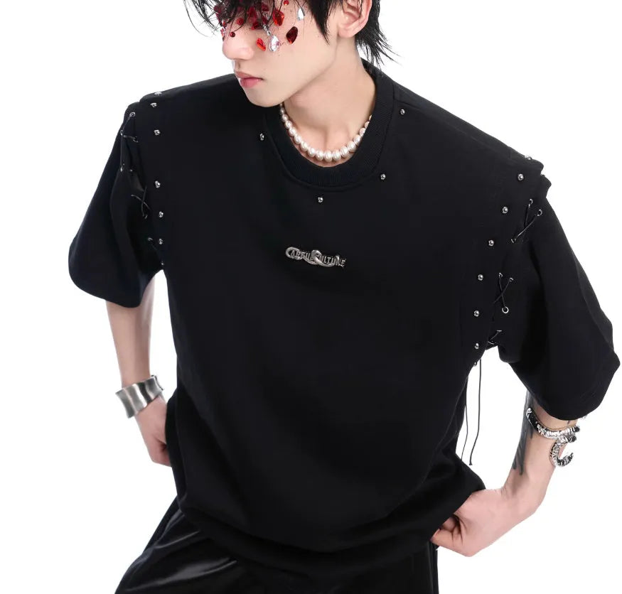 Men's black deconstruction style short sleeve t-shirt with a lace-up cutout panel on the front.