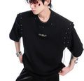 Men's black deconstruction style short sleeve t-shirt with a lace-up cutout panel on the front.