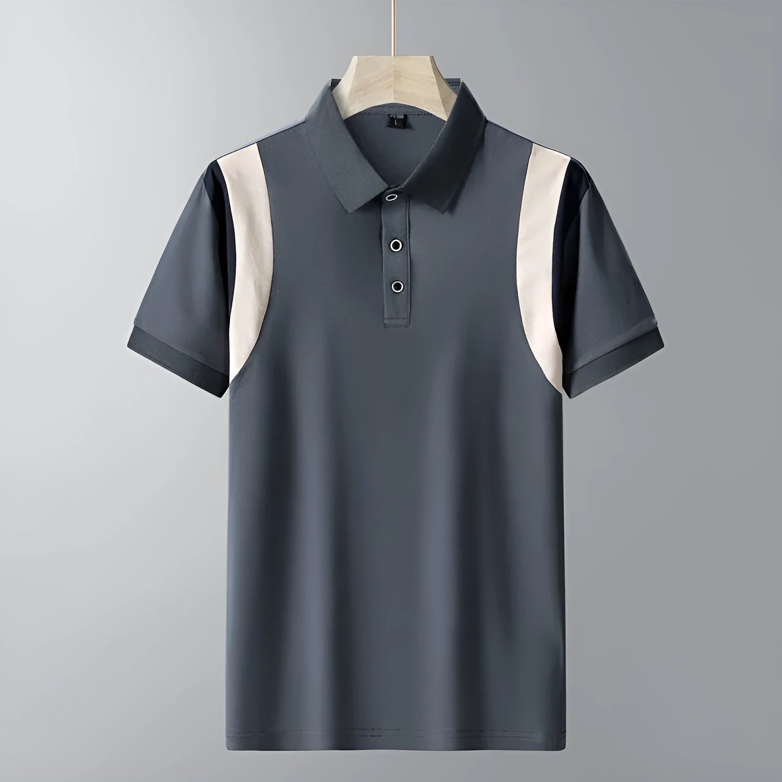 Men's grey striped cotton T-shirt with a lapel, showing loose Korean-style fit and short sleeves.