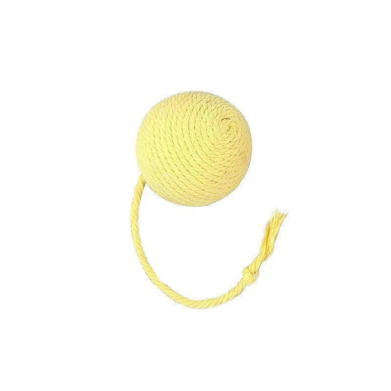 Coloured cat toy ball with rope handle and internal bell in 6cm or 3cm sizes