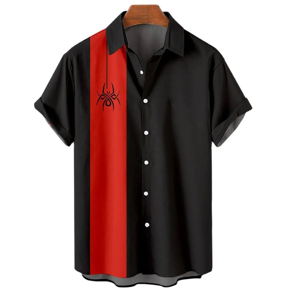 Men's striped Hawaiian short sleeve button-up shirt on a hanger.