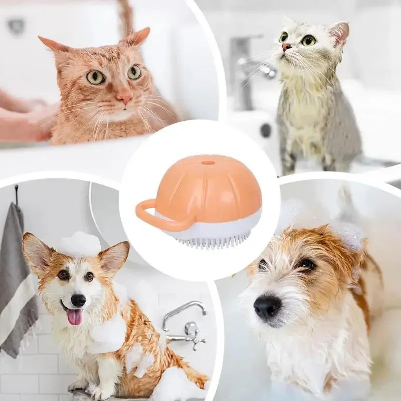 Orange dog bath brush with shampoo dispenser and soft TPR bristles for pet grooming