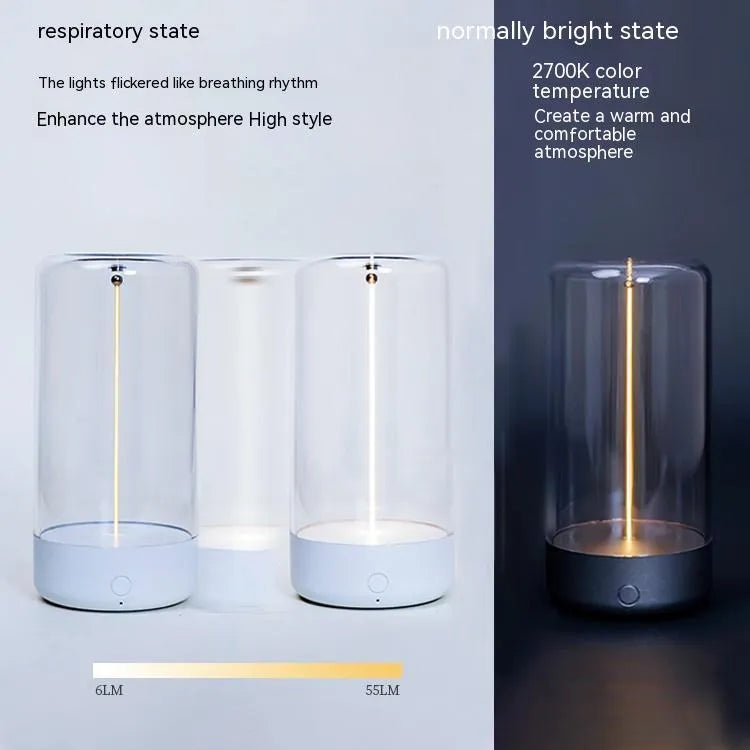 Rechargeable LED camping light with transparent cover and flexible filament in various colours