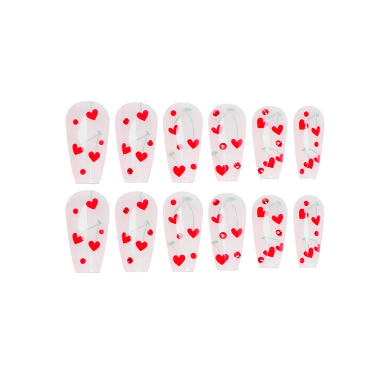 JP1601 French love pattern press-on nail stickers with red diamonds and small cherries