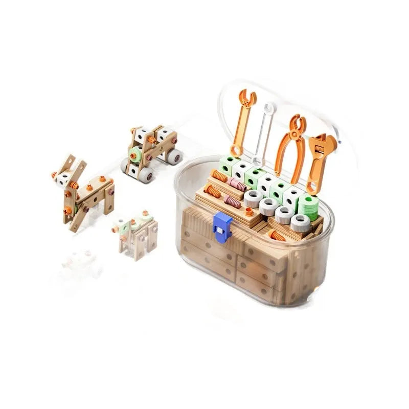 Children's plastic screw toy assembly set with blue building blocks and tools on a table