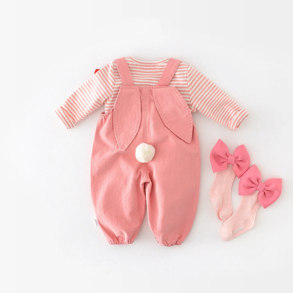 Baby cotton suspender pants pink overalls with cartoon rabbit ear design high waist