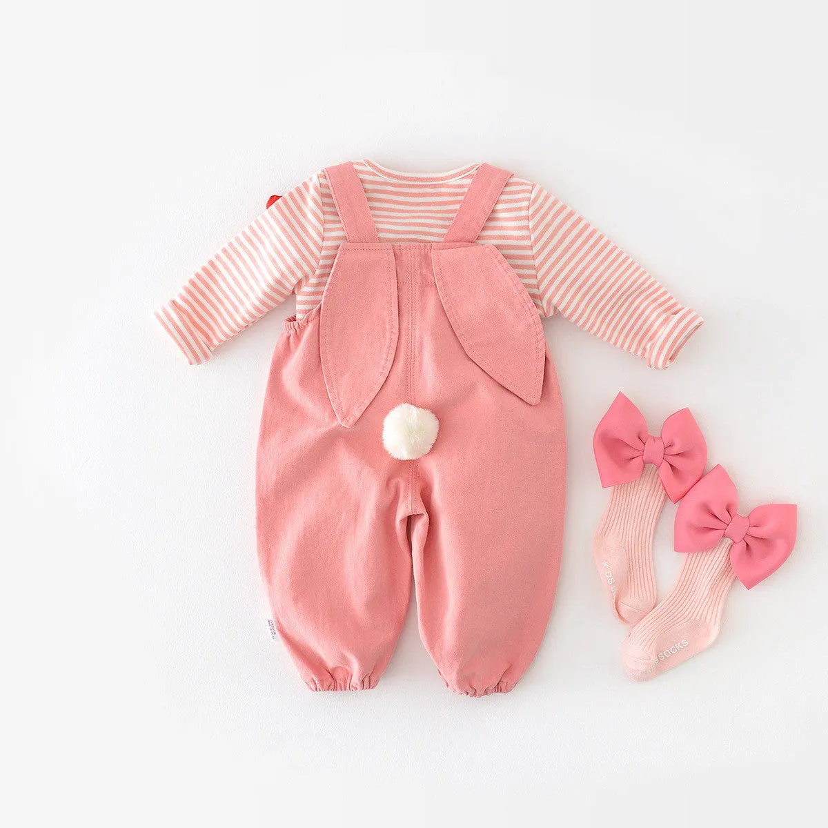 Baby cotton suspender pants pink overalls with cartoon rabbit ear design high waist