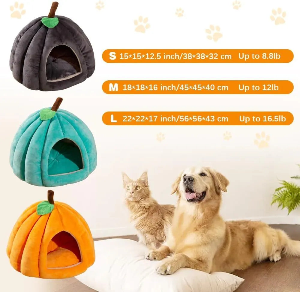 A grey pumpkin-shaped semi-enclosed cat bed with a plush interior, shown on a wooden floor.