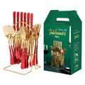 24-piece stainless steel cutlery set with storage rack in gold finish showing knives, forks, spoons