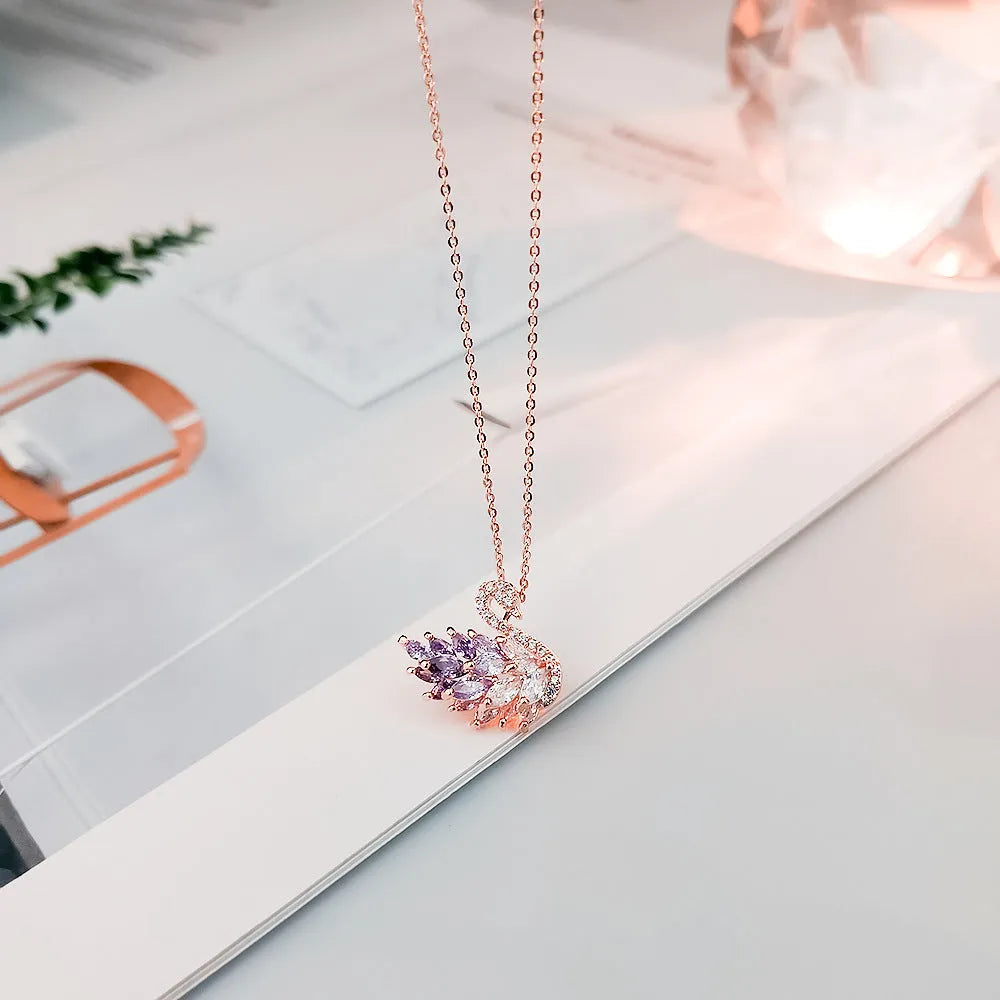 Alloy swan pendant necklace on snake bones chain, adjustable 51-80cm, available in nine colour options including silver and rose gold