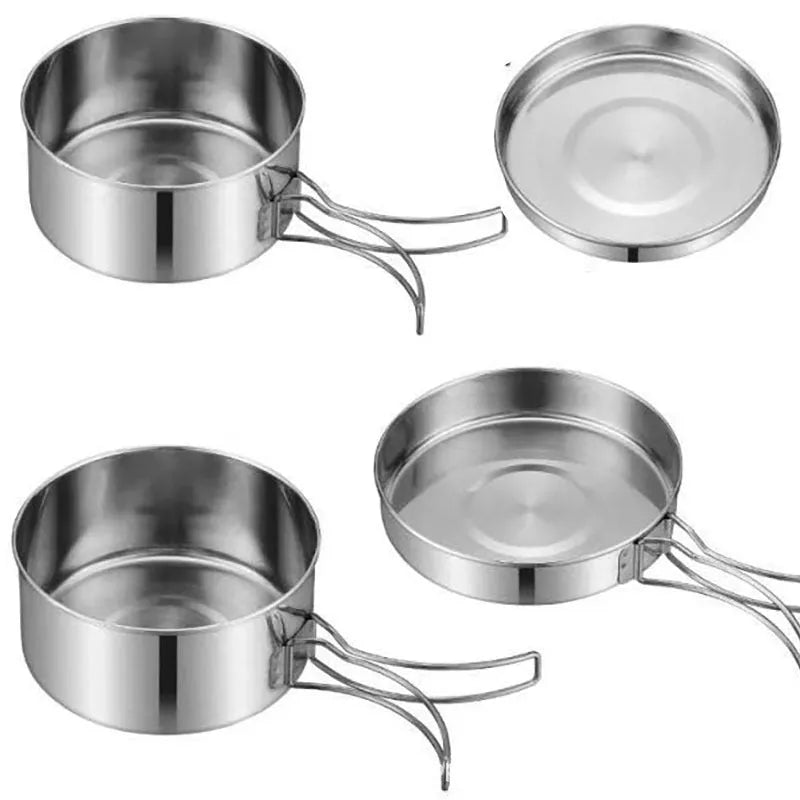 Silver stainless steel camping cookware pot set with 4 pieces including pot and pan for outdoor cooking