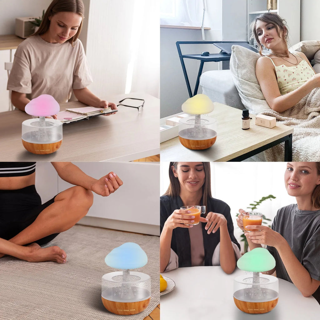 White cylindrical aromatherapy humidifier with coloured night light and USB cable