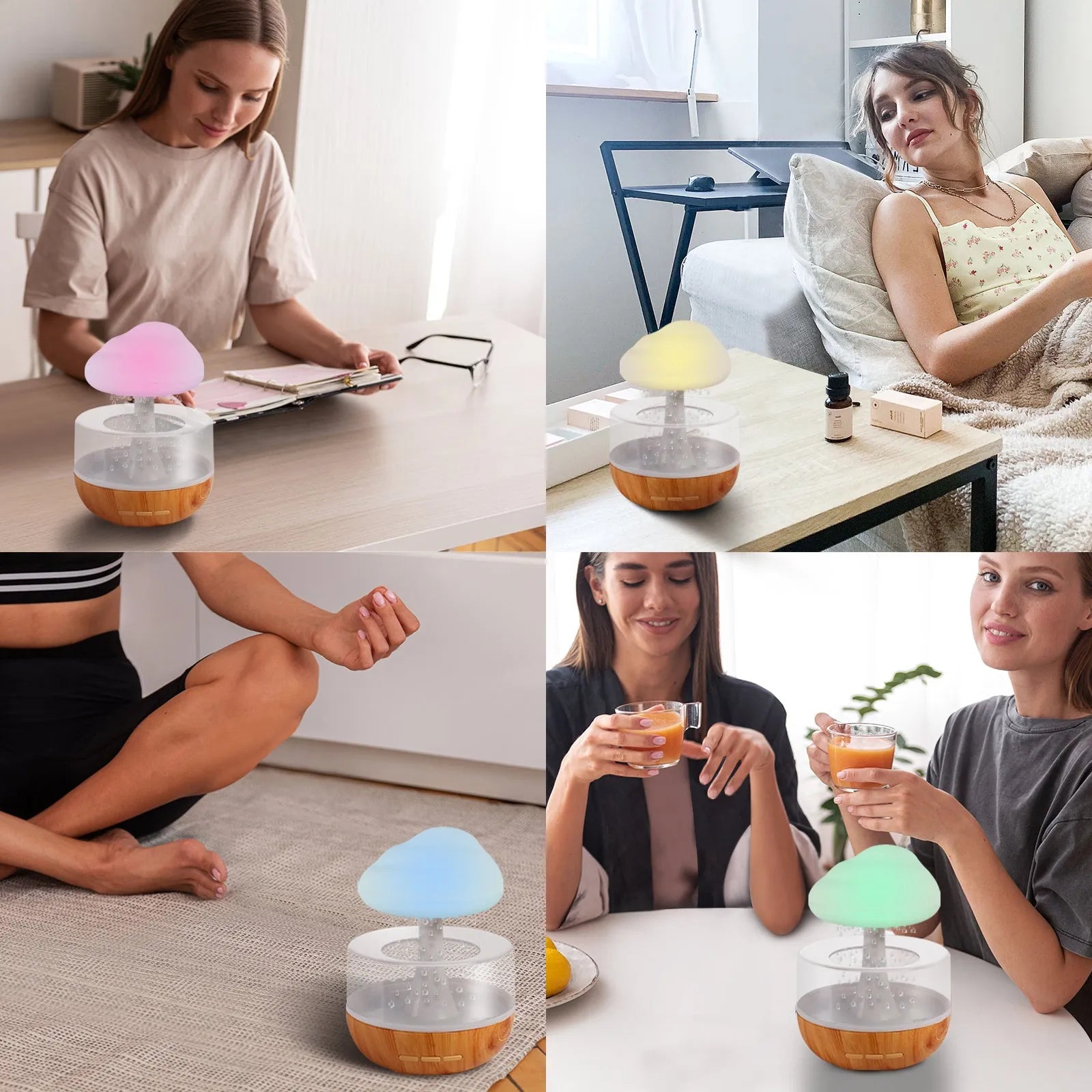 White cylindrical aromatherapy humidifier with coloured night light and USB cable