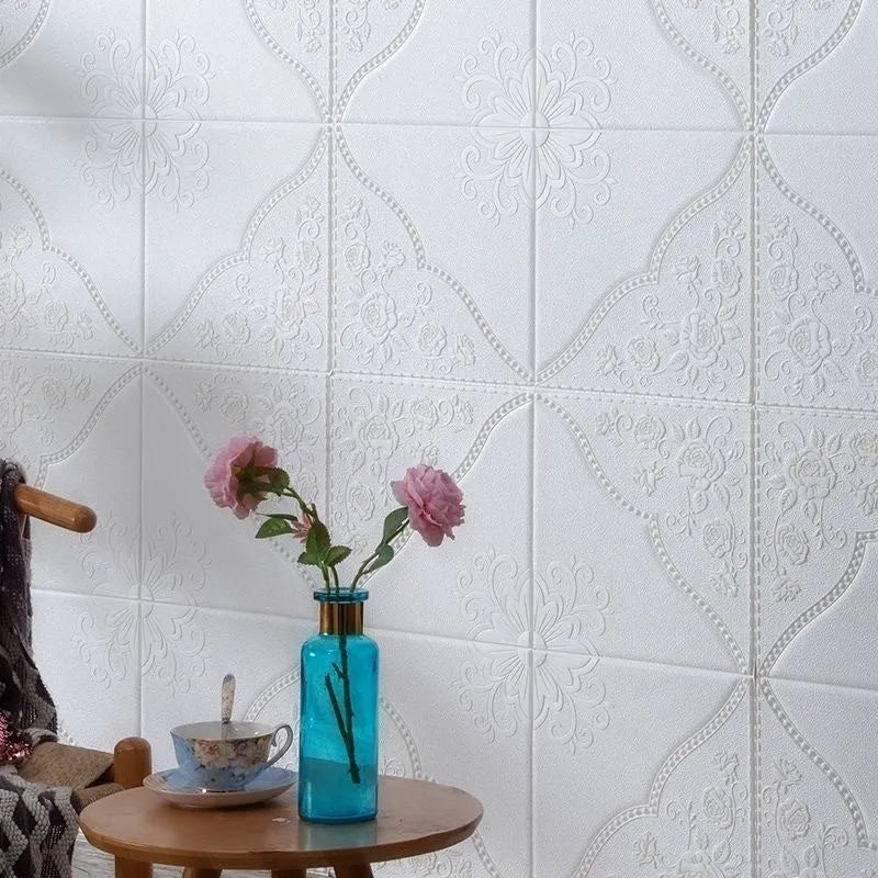 Light blue XPE foam wall sticker with plants and flowers pattern, 70cm square with self-adhesive backing