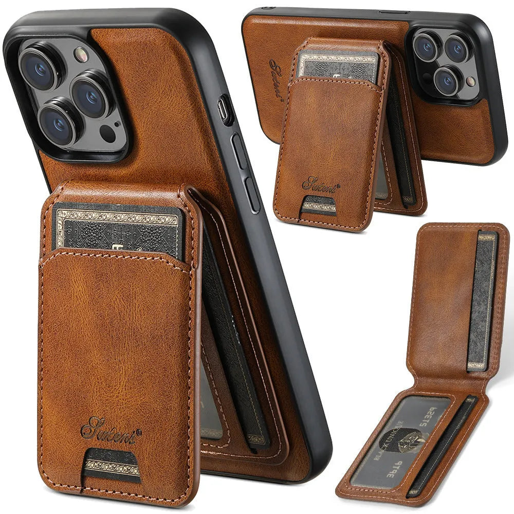 MagSafe silicone iPhone case with rear magnetic card holder in oil wax finish colours.