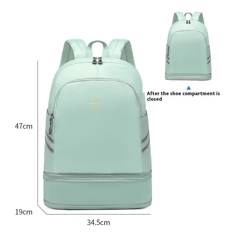 Women's dry wet separation travel backpack in beige with curved shoulder straps showing compartment organisation