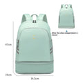 Women's dry wet separation travel backpack in beige with curved shoulder straps showing compartment organisation
