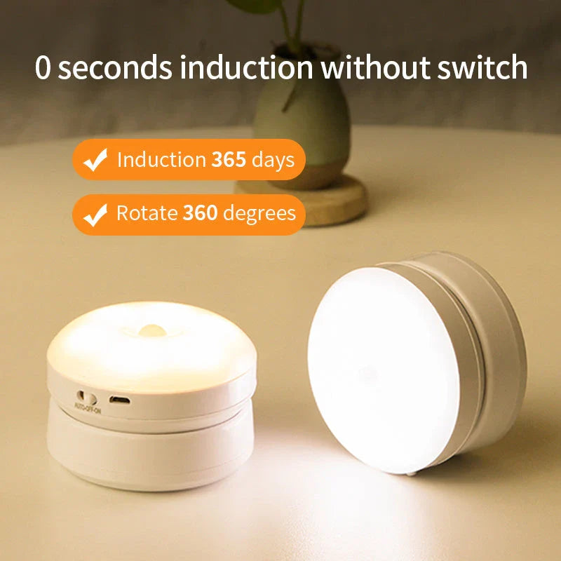 Rotating motion sensor light for corridors, garages, and wardrobes with adjustable direction and energy-saving features