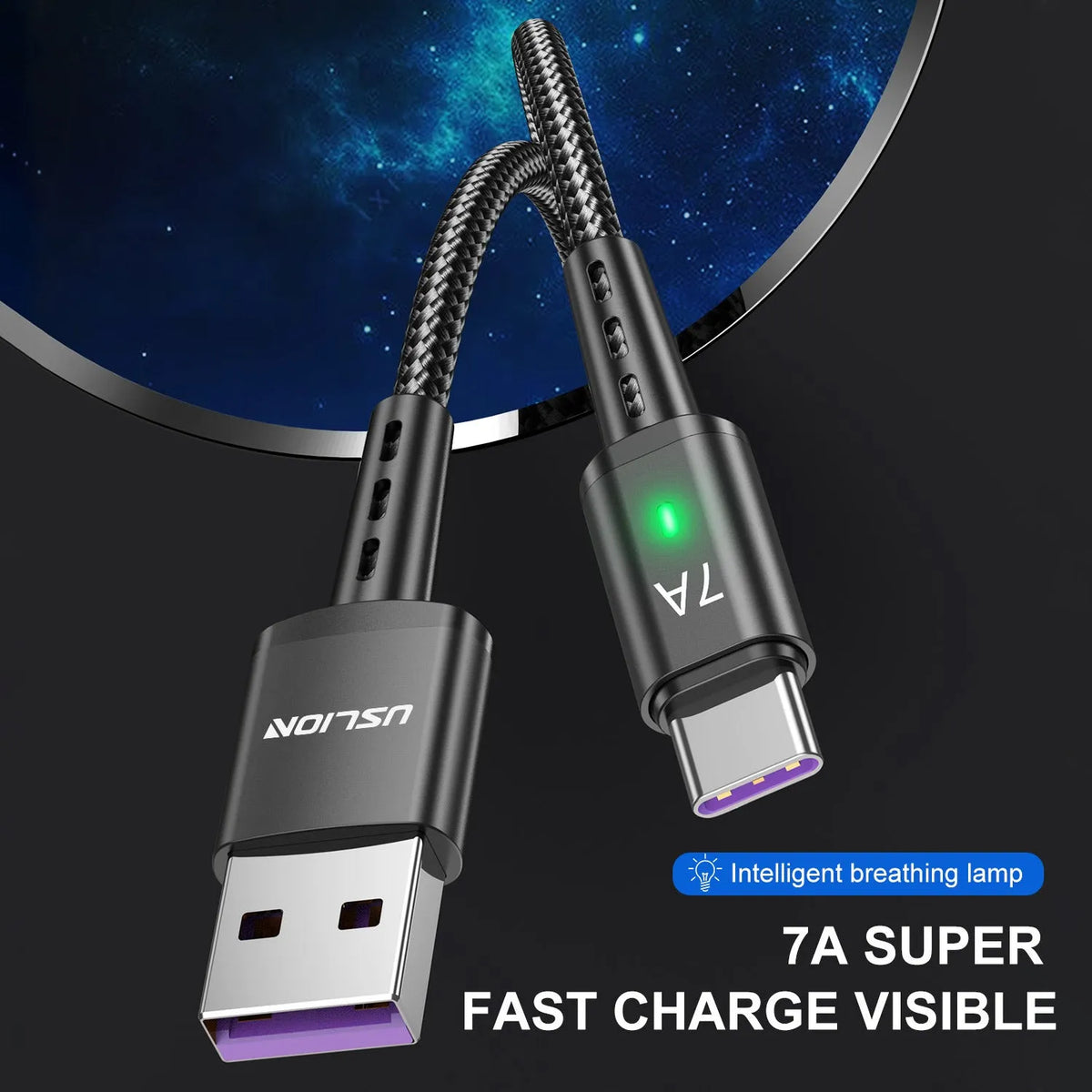 Braided Type-C charging cable with aluminium alloy connector, 2m length, in black colour