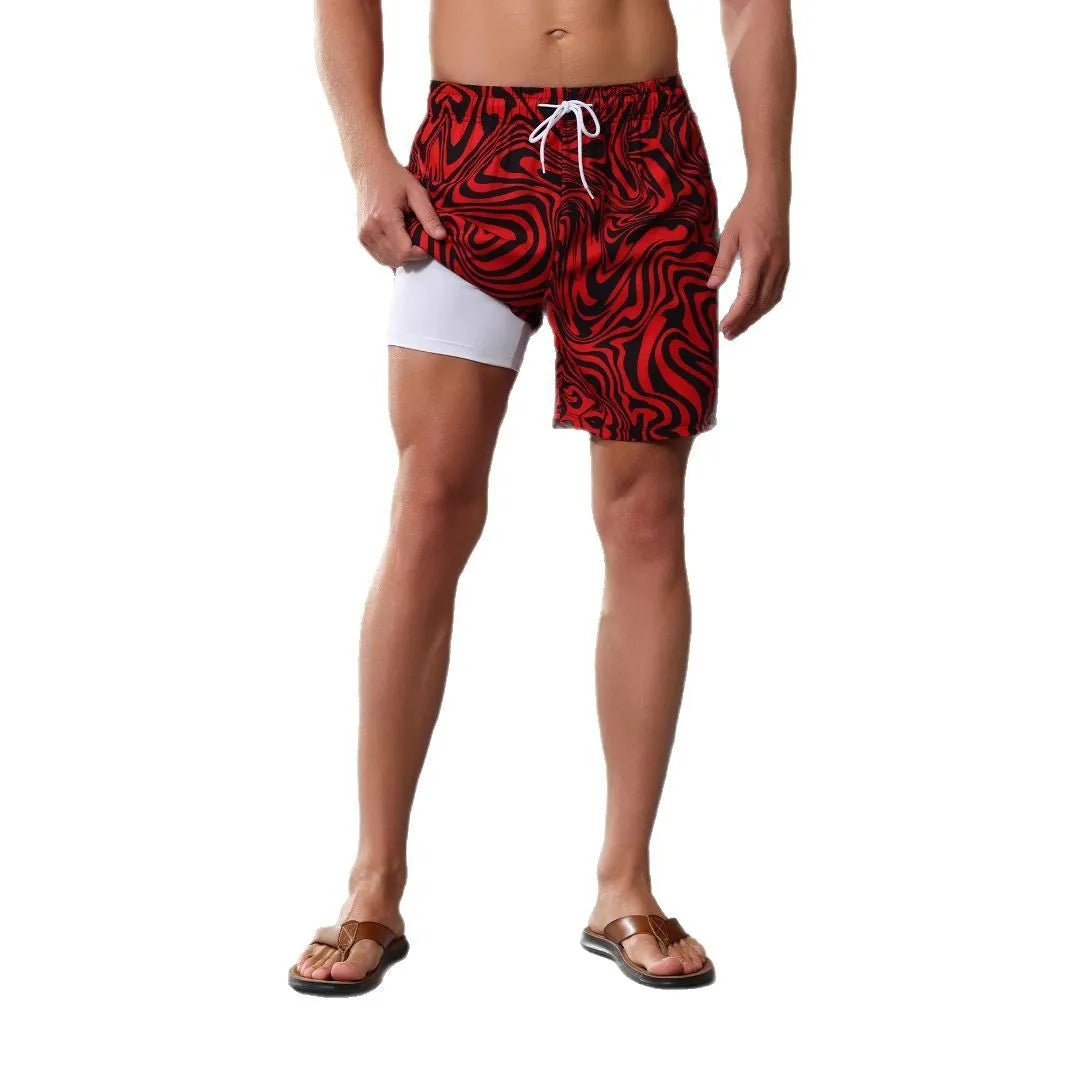 Quick-drying beach pants with stretch fabric and liner in multiple colour patterns