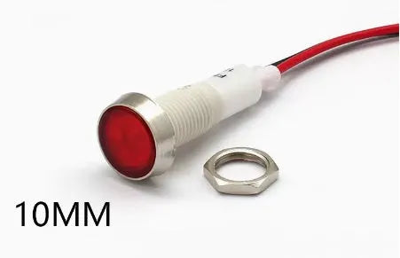 10mm stainless steel edge plastic indicator light with wire, available in white, yellow, red, green, blue colours