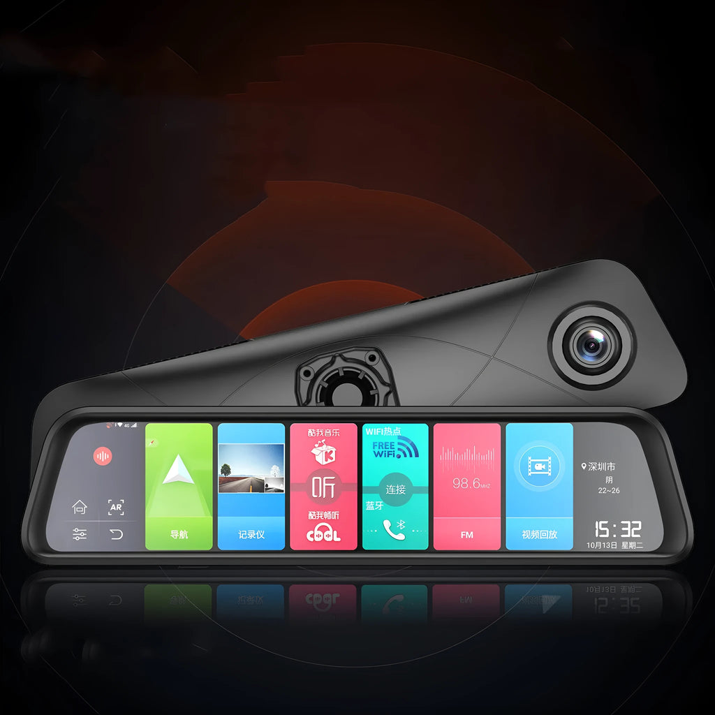 Black 4G GPS car dash cam with touch screen for front and rear recording